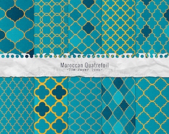 Moroccan Quatrefoil Digital Scrapbook Papers - 10 Mosaic Textured Digital Papers (12"x12" - 300 dpi - JPG) Teal & Gold - INSTANT DOWNLOAD