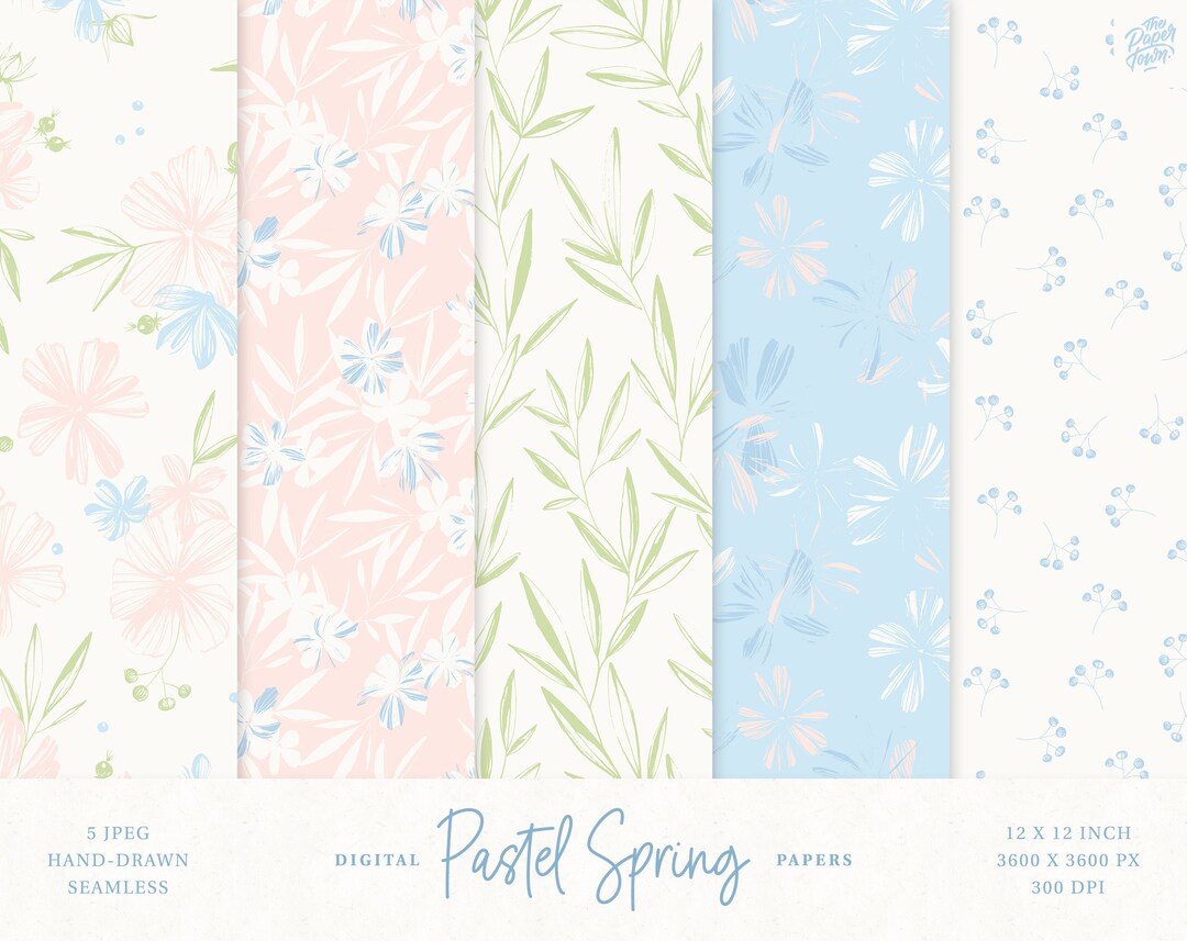 5 Hand Drawn Floral Spring Patterns - Seamless Pastel Colors Foliage ...