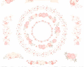 Blush Ivory Wedding Floral Wreaths Clipart Set  - "WEDDING FLORAL CLIPART" - 11 images, 300 dpi. Png files. Instant Download