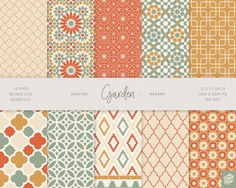 10 Pastel Green Moroccan Mosaic Digital Scrapbook Papers  - 10 Seamless Patterns Traditional Moroccan Ornaments - 300dpi - Instant Download