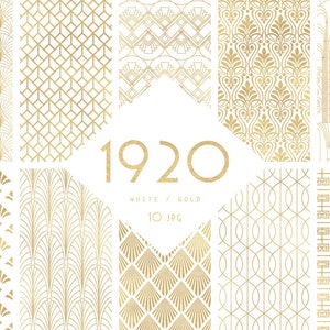 1920 White and Gold Seamless Art Deco Digital Scrapbook Papers  - 10 Jazz Age Great Gatsby Inspired Patterns - JPG - Instant Download