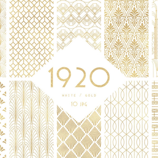 1920 White and Gold Seamless Art Deco Digital Scrapbook Papers  - 10 Jazz Age Great Gatsby Inspired Patterns - JPG - Instant Download