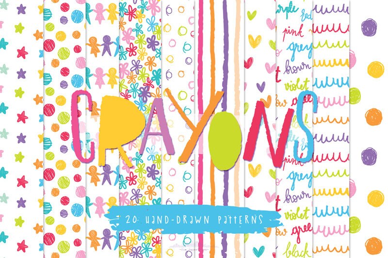 Seamless Hand-drawn Crayons Patterns - 20 Digital Colorful Kids ...