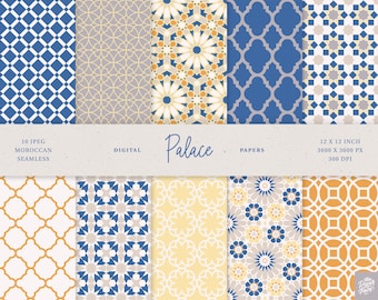 10 Blue & Beige Moroccan Mosaic Digital Scrapbook Papers  - 10 Seamless Patterns Traditional Geometric Patterns  - 300dpi - Instant Download