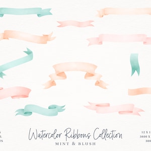 Watercolor Ribbon Banner, Digital Watercolor Ribbon Banners, 12 Mint and Blush Wedding Banners Clipart Set - Instant Download - PNG