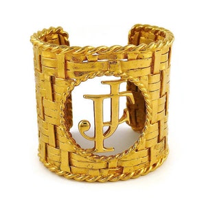 ATTRIBUTED to JACQUES FATH * Vintage Couture Massive Gold Toned Woven Cuff Bracelet Openwork Monogram