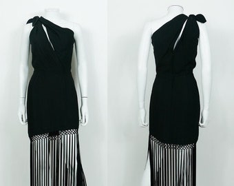 THIERRY MUGLER * Vintage One Shoulder Black Fringe Dress