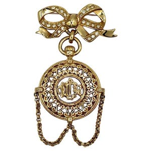 CHRISTIAN DIOR Boutique * Vintage Gold Tone Pocket Watch Design Dangle Brooch