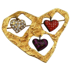 CHRISTIAN LACROIX * Vintage Textured Gold Toned Heart Charms Brooch