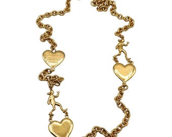 Vintage Gold Tone Chain Necklace Olive Oyl Figures Hearts Moschino