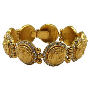 VERSUS by VERSACE * Vintage Jewelled Gold Tone Feline Link Bracelet