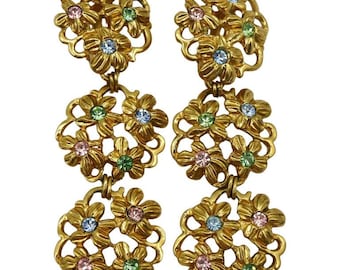 YVES SAINT LAURENT * Vintage guldfärgade metallörhängen med blommotiv