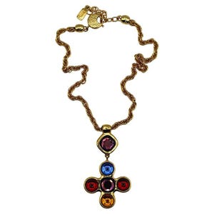 YVES SAINT LAURENT * Collier Pendentif Métal Doré Croix Empierrée