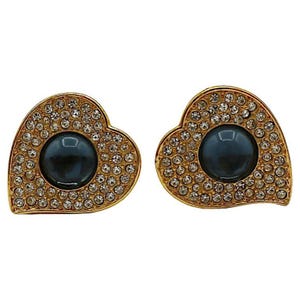 YVES SAINT LAURENT * Vintage Jewelled Heart Clip-On Earrings