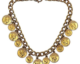 Vintage Gold Tone Franco Moschino Profile Coin Charm Necklace