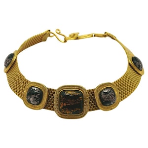 YVES SAINT LAURENT * Vintage Gold Tone Mesh & Glass Cabochon Choker Necklace