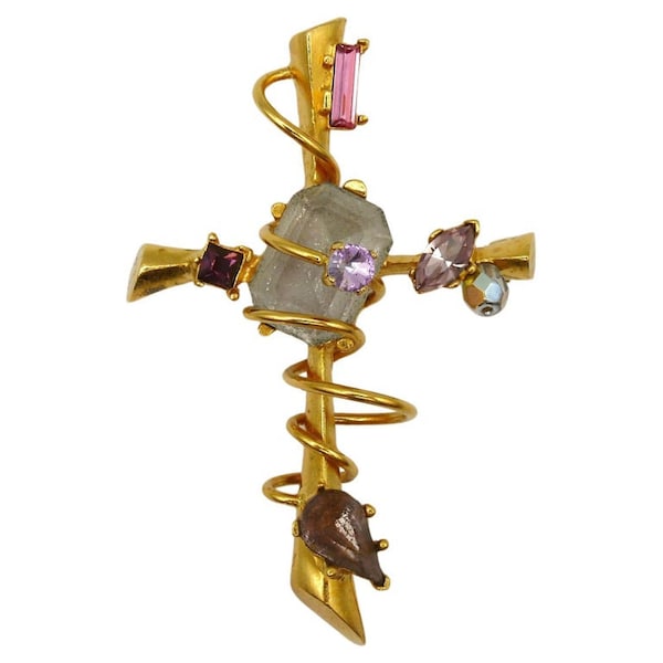 CHRISTIAN LACROIX * Vintage Jewelled Gold Tone Cross Brooch Pendant