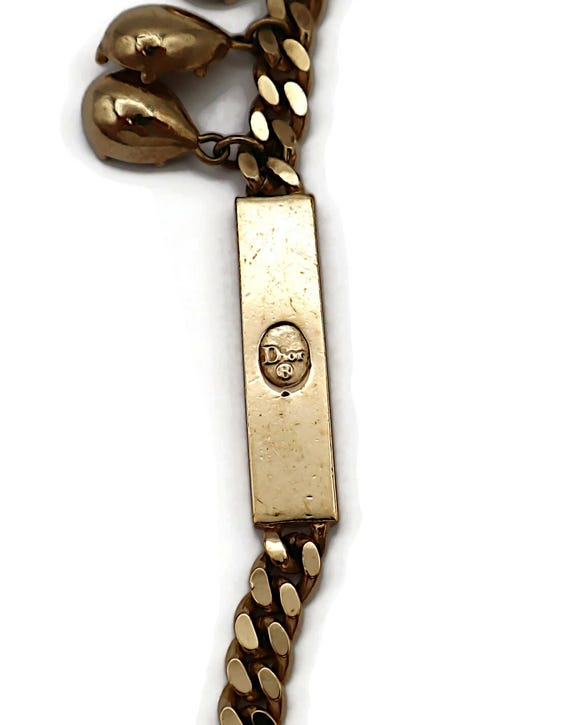 CHRISTIAN DIOR * Vintage Gold Tone Chain ID Tag Crystal