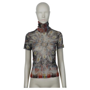 JEAN PAUL GAULTIER * Vintage Distressed Carpet Print Sheer Turtleneck Mesh Top