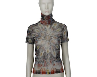 JEAN PAUL GAULTIER * Top w stylu vintage z przezroczystym dekoltem i nadrukiem znoszonego dywanu