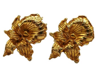 Vintage Gold Tone Orchid Clip-On Earrings Leonard Paris