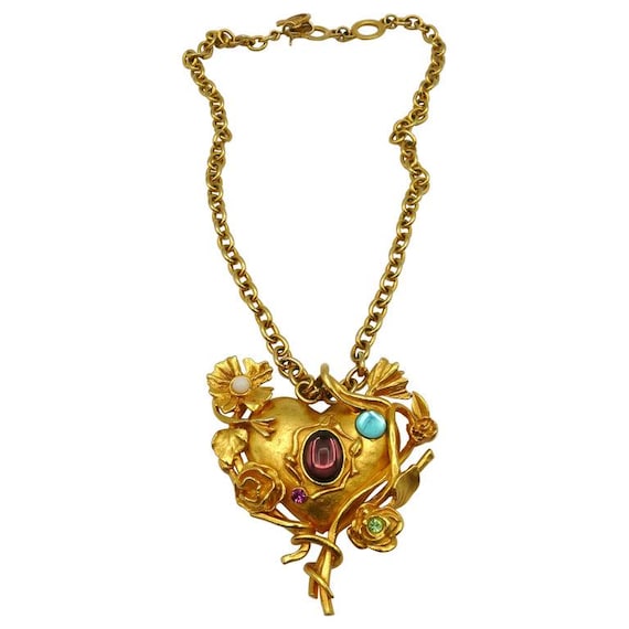 Christian Lacroix ハートペンダントトップ Vintage Jewelled Floral Mirrored Heart Pendant Necklace Christian