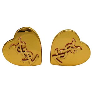 YVES SAINT LAURENT * Vintage Gold Tone Heart Logo Clip-On Earrings