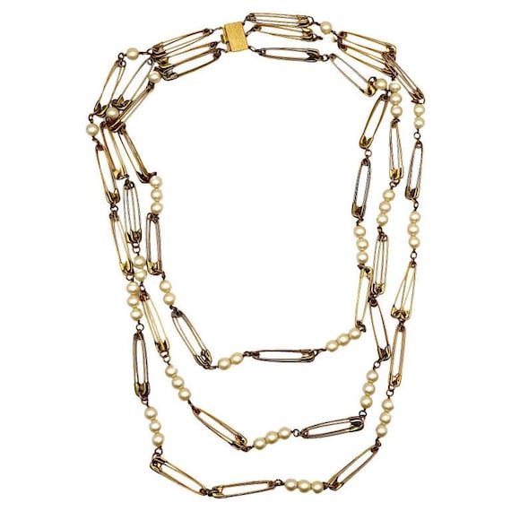 Vintage Multi-strand Gold Tone Safety Pin & Pearl Necklace