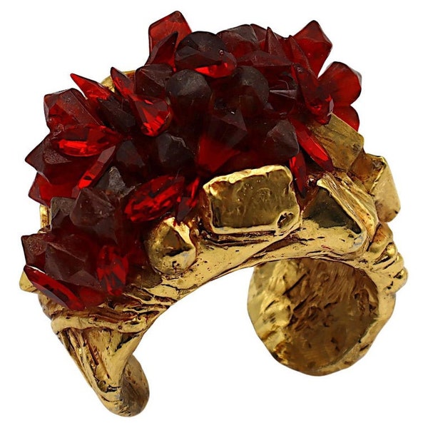 KALINGER * Vintage Gold Tone Resin Cuff Bracelet with Faux Red Quartz Cluster