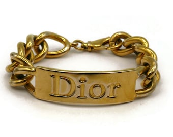 CHRISTIAN DIOR * Vintage Gold Tone ID Tag Curb Bracelet