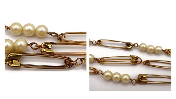 Vintage Multi-strand Gold Tone Safety Pin & Pearl Necklace