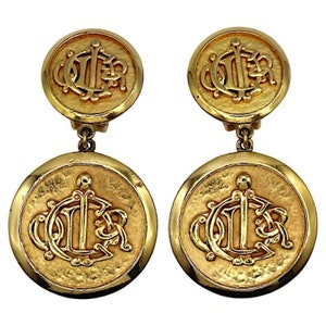 CHRISTIAN DIOR * Vintage Gold Tone Logo Dangling Earrings