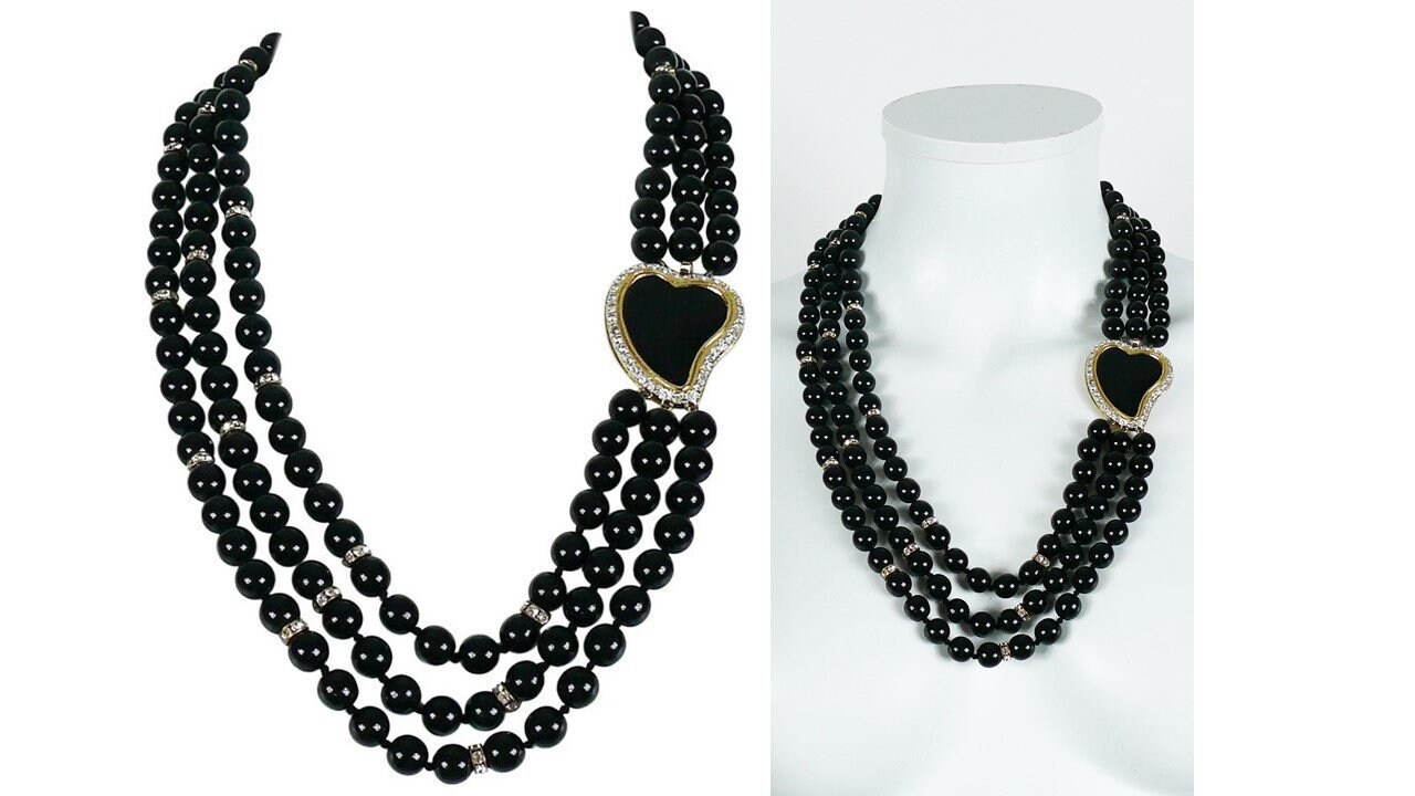 YVES SAINT LAURENT * ヴィンテージ 3 連エナメル ハート ネックレス 