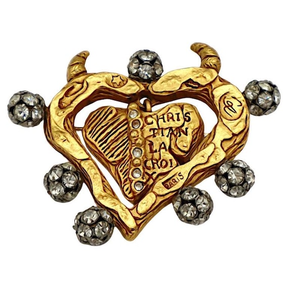 Vintage Jewelled Gold Tone Dangle Heart Brooch Christian Lacroix