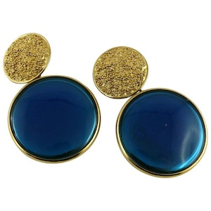 YVES SAINT LAURENT * Ysl * Vintage Massive Blue Disc Dangling Earrings