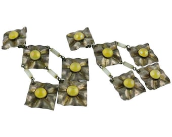 PACO RABANNE * Vintage Creased Metal and Resin Cabochon Chandelier Earrings