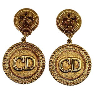 CHRISTIAN DIOR Boutique * Vintage Gold Tone Logo CD Dangling Earrings
