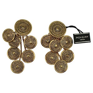 YVES SAINT LAURENT * Vintage Gold Tone Medal Charm Dangling Earrings