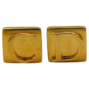 CHRISTIAN DIOR * Vintage Gold Tone C D Clip-On Earrings