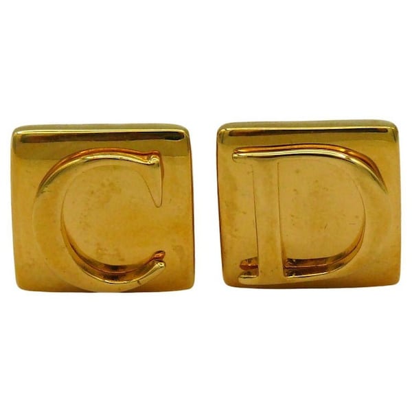 CHRISTIAN DIOR * Vintage Gold Tone C D Clip-On Earrings