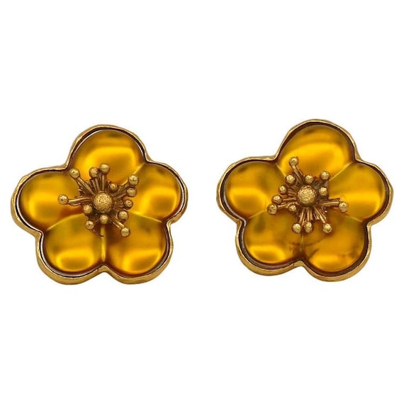 Clips D'oreilles Vintage Créateur - Jaunes, Fleurs - Métal Doré - Occasion