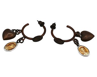 Vintage Heart & Scapular Medal Hoop Earrings Jean Paul Gaultier