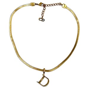 CHRISTIAN DIOR * Gold Tone Flat Herringbone D Pendant Necklace