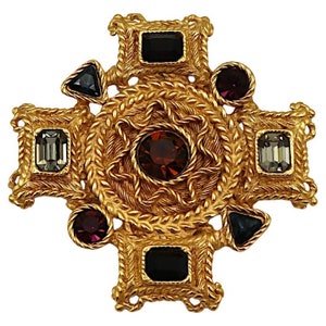BALENCIAGA * Vintage Gold Tone Jewelled Cross Brooch Pendant