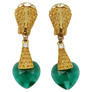BALENCIAGA * Vintage Gold Tone Green Glass Heart Dangling Earrings