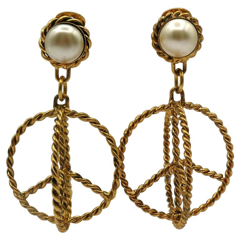 MOSCHINO * Vintage Gold Tone Peace Dangling Earrings