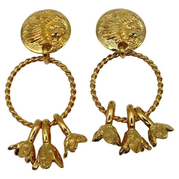 VERSUS by GIANNI VERSACE * Vintage Gold Tone Lion Head Dangling Earrings