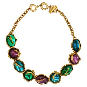YVES SAINT LAURENT * Vintage Multicolored Resin Cabochons Necklace