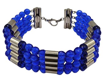 PACO RABANNE * Vintage Electric Blue Bead & Silver Tone Metal Choker Necklace