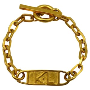 KARL LAGEFERLD * Vintage Gold Tone Logo ID Plate Chain Bracelet
